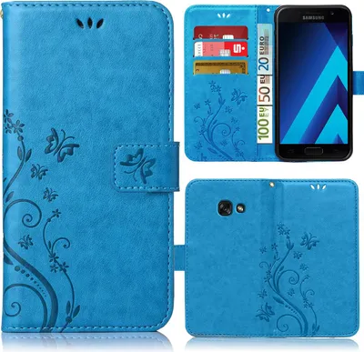 Produktbild von Handy Tasche für Samsung Galaxy A5 2017 Schutz Hülle Handyhülle mit Blumenmuster Klapp Hülle mit Standfunktion und Kartenfächer Farbe: Blau