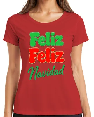Immagine prodotto di Feliz Feliz Navidad Maglietta da donna divertente e retrò di auguri natalizi, rossa, S
