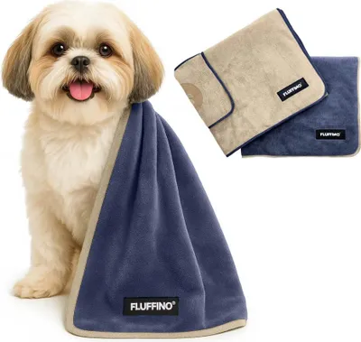 Immagine prodotto di Asciugamano per cani FLUFFINO® in microfibra – Confezione da 2 - 90 x 50 cm - Beige e blu