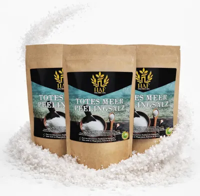 Produktbild von HAF – Totes Meer Peelingsalz (3 x 1 kg Beutel) – Naturreines Körper-Peeling aus Jordanien. Für trockene Haut & Gesicht in Sauna oder Dusche verwendbar
