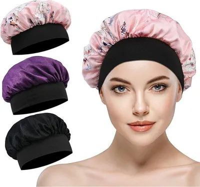 Image de Lot de 3 bonnets de nuit en satin Unyqoos® – doux et respirants, idéaux pour les femmes, protège les cheveux longs et bouclés, couleurs : noir, violet, rose