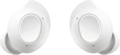 A pair of white wireless earbuds is shown against a white background.