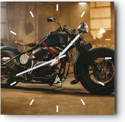 Produktbild von Wanduhr - Quadrat - Glasuhr - Motorrad Motor - 30x30cm - Schleichendes Uhrwerk - Lautlos - zum Aufhängen bereit - Dekoration Modern - Wanddekoration aus Glas - C3AC30x30-4233