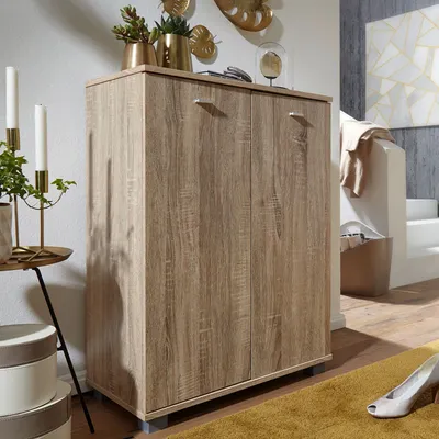Obrázok produktu pre FineBuy Moderná drevená skriňa na topánky Sonoma, 12 párov topánok, 4 priehradky, 2 dvere, regál na topánky, 60 x 90 x 35 cm, priestorovo úsporná komoda na topánky, skriňa do predsiene s odkladacím priestorom