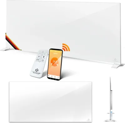A white infrared heater is shown with a remote control and a smartphone displaying a heating app. A side view of the heater is also shown.