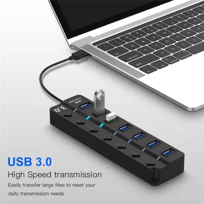 Obrázok produktu pre USB 3.0 rozbočovač s 7 portami a vypínačmi, vysoká rýchlosť 5 Gbit/s, adaptér s viacerými portami pre počítače