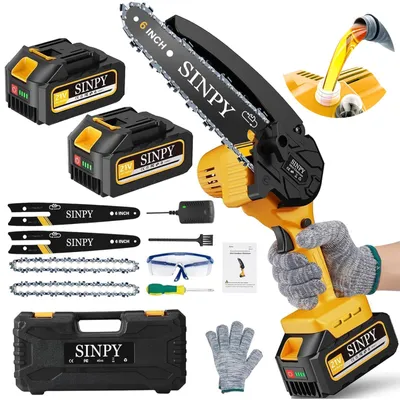 Imagen del producto de Sierra de cadena mini Accu - Motor de 880 W - Batería de 2x4000 mAh - Bomba de aceite automática - Ideal para podar árboles y cortar madera en el jardín - Sierra inalámbrica