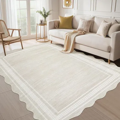 Immagine prodotto di Tappeto con bordo a onda, 80 x 150 cm, beige, lavabile, antiscivolo, per interni