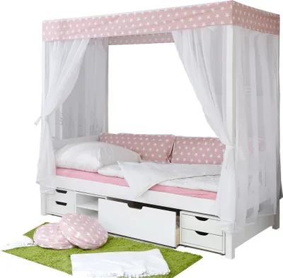 Produktbild von Himmelbett Marlies Massivholz Kiefer inkl.Tüll-Set Rosa Weiß