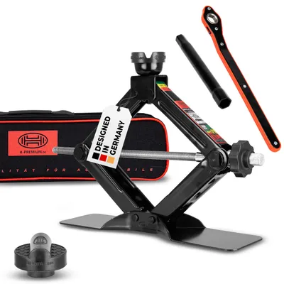 Image de HEYNER® Cric à ciseaux 1,5 t + patin en caoutchouc sur mesure pour Audi I, réglable en hauteur 135–415 mm, selle pivotante, rallonge « Comfort » incluse, kit comprenant un cliquet, un sac de transport,  et GS