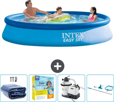Produktbild von Intex runder aufblasbarer Easy-Set-Pool – 366 x 76 cm – Blau – im Lieferumfang enthalten Sonnensegel - Wartungspaket - Filterpumpe für Schwimmbad - Reinigungskit