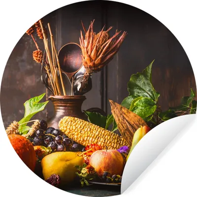 Produktbild von MuchoWow® Runde Wandtattoo - Wandsticker Tapete Aufkleber Gemüse - Obst - Rustikal - Tisch Ø 80 cm Selbstklebend und Repositionierbar - Wandaufkleber - Kreis - Mauerkreis - Wand Bilder - Wandsticker - Wohnzimmer Dekoration - Dekoration für die Wände - Aluminium - Babyzimmer