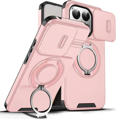 Immagine prodotto di Custodia a doppio strato per Xiaomi 15T, con copertura scorrevole della fotocamera e supporto ad anello magnetico Rosa
