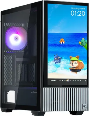 A computer case with a built-in LCD screen displaying a cartoon scene.