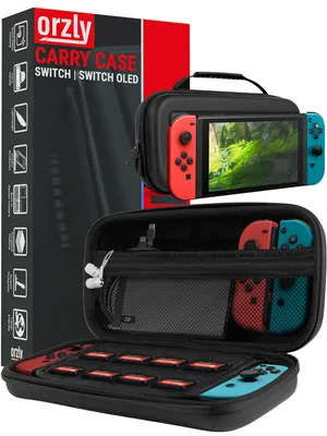 Produktbild von Orzly Switch Tasche für Nintendo Switch/Switch OLED und Switch Zubehör - Stoßfeste Tragetasche - Harte Schutzhülle, Reisetasche mit Aufbewahrung für Konsole, Joycons, Zubehör und Spiele - Schwarz