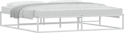 A white metal bed frame with a mattress and a grey blanket.