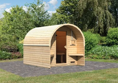 Produktbild von Karibu Saunahaus Außensauna Saunafass Fasshaus 2 unbehandelt ohne Zubehör 38mm Massivholz 225x277x230 cm