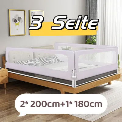Produktbild von 3 Seite 180cm Bettgitter Bettschutzgitter für Kleinkinder Babys und Kinder Höhenverstellbar 70cm hoch (Grau，200cm×2+180cm×1)