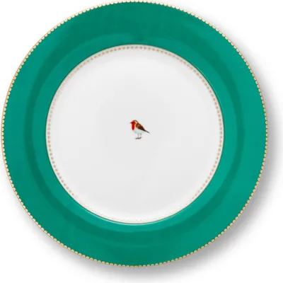 A single plate with a green rim and a robin illustration in the center.
