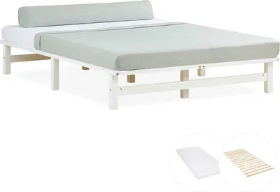 Produktbild von Homestyle4u Holzbett Jugendbett Palettenbett 140x200 mit Matratze Weiß Futonbett 3048
