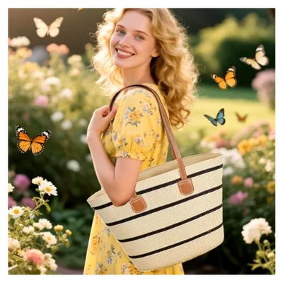 Produktbild von Strohtaschen für Damen - Shopper und Kosmetiktasche für Reisen und Einkäufe