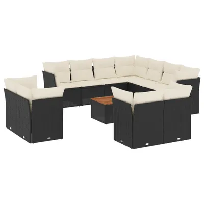 Produktbild von Modulare Garten-Sofagarnitur, 12-teilig, mit Stauraum & wasserabweisendem Beutel, PE-Rattan, Akazienholz-Tisch, Schwarz, Cremeweiße Kissen