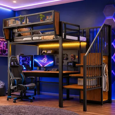 Produktbild von Flieks Etagenbett 90x200cm mit Led, Hochbett mit Lagerregal, Jugendbett Einzelbett mit Kleiderstange, Kinderbett Metallbett mit Treppe, Schwarz