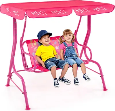 Produktbild von GOPLUS Hollywoodschaukel Kinder Outdoor, 2-Sitzer Terrassenschaukel mit verstellbarem Baldachin & Sicherheitsgurten, Kinderschaukel, Rosa