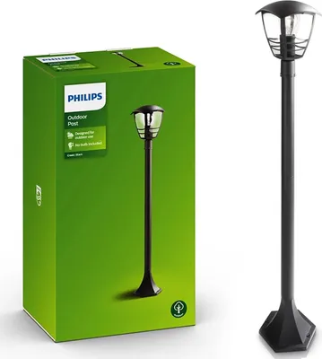 A product box for a Philips outdoor post light is shown next to the actual light fixture.