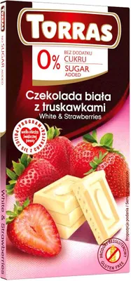 Produktbild von WEISSE SCHOKOLADE MIT ERDBEEREN, OHNE ZUSATZZUCKER, GLUTENFREI, 75 g – TORRAS