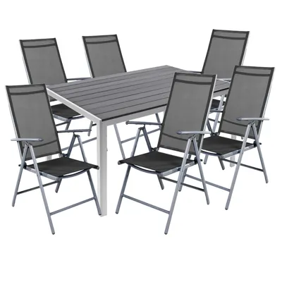 Produktbild von 7 teilige Gartengarnitur Gartenmöbel Alu Silber Non-Wood 180x90cm + 6 Hochlehner mit Textilen