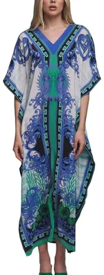Produktbild von Solidchoice - Maxikleid mit V-Ausschnitt, Kaftan-Stil, Boho-Look, Strandkleid, Blau-Weiß