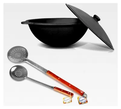 Produktbild von Uzbekischer Kazan aus Gusseisen 22 L mit Aluminiumdeckel und 2 Schaumlöffeln