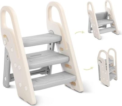 Onasti Tritthocker für Kinder, 2 Stufen - 3 Stufen Höhenverstellbar Kinderschemel, Trittschemel für Baby, Lernturm mit Handhaben, Faltbar, Multifunktional, für Bad, Kleinkinderzimmer, Küche Grau