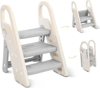 Produktbild von Onasti Tritthocker für Kinder, 2 Stufen - 3 Stufen Höhenverstellbar Kinderschemel, Trittschemel für Baby, Lernturm mit Handhaben, Faltbar, Multifunktional, für Bad, Kleinkinderzimmer, Küche Grau