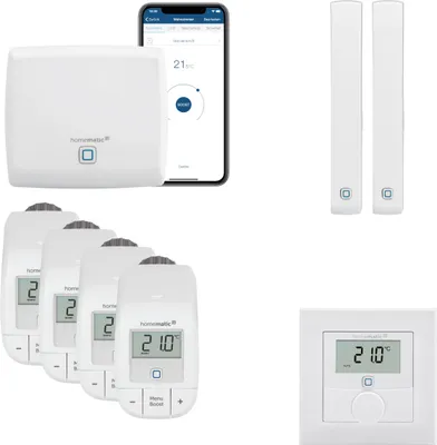 Produktbild von Homematic IP Heizungssteuerung Basic mit Wandthermostat für 4 Heizkörper. Inhalt: Access Point, 4 Heizkörperthermostate Basic, 2 Tür-Fensterkontakte, 1 Wandthermostat. Kompatibel mit Alexa und Google Home.