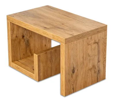 A wooden side table or stool with an open cubby.