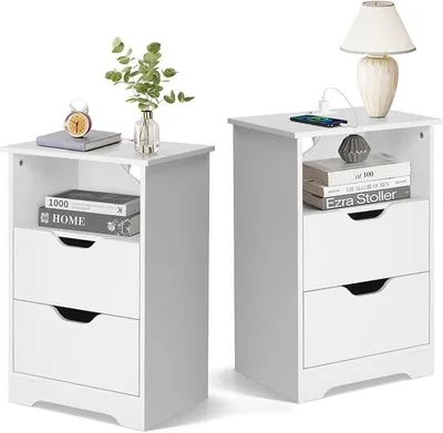 Produktbild von Nachttisch 2er Set Nachttische mit Ladestation, 40x30x60cm Weiß | Beistelltisch mit 1 offenem Fach und 2 Schublade, Nachtschrank für Schlafzimmer Wohnzimmer