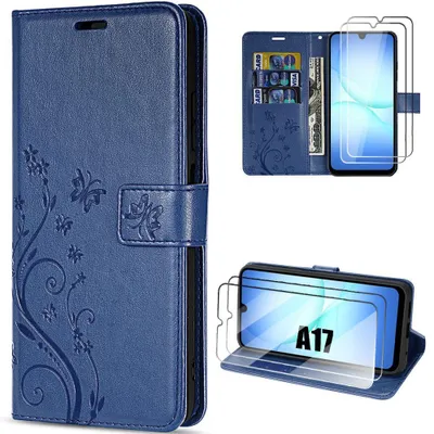Image de Coque + 2 Verres Trempés pour Samsung Galaxy A17 4G/5G, Protection Antichoc CuirPolyuréthaneBleu Marine Motif Floral