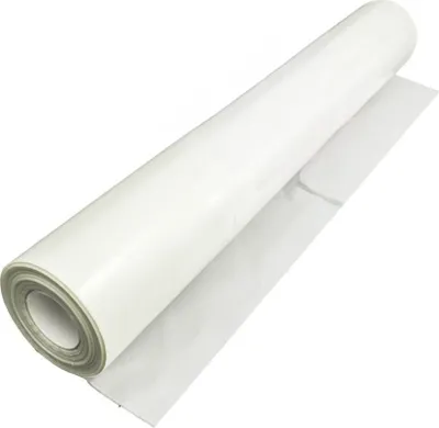 A roll of white plastic sheeting, likely construction film, is shown diagonally against a white background.