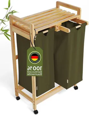 Obrázok produktu pre Zelený košík na bielizeň s objemom 60 l z bavlny a bambusu na kolieskach