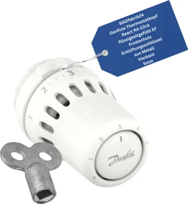 Produktbild von BADfabrik24 Danfoss Thermostatkopf React RA Click flüssigkeitgefüllt EF Frostschutz + Entlüftungsschlüssel aus Metall, Vierkant 5mm 1 Stück