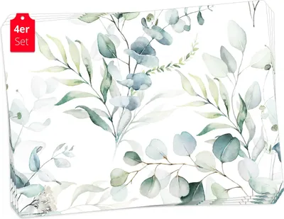 Produktbild von Tischsets | Platzsets abwaschbar – Eukalyptus Wasserfarbe – aus Premium Vinyl (Kunststoff – BPA-frei) - 4 Stück - 44 x 32 cm -  Germany