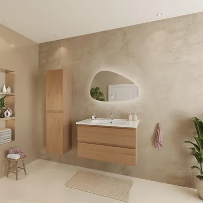 Produktbild von LOMAZOO Badmöbelset VERONA 80 cm - Mit Hochschrank - Helles Eichenholz - Waschbecken Weiß