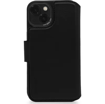 A black leather iPhone case is shown against a white background.
