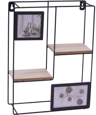 A black metal wall shelf with two wooden shelves and two picture frames on a white background.