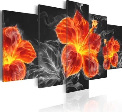 Image de Tableau mural moderne b-A-0227-b-o (150x75) - 5 pièces Photographie sur toile intissé Décoration murale Impression artistique ABSTRAIT FLEURS FEU FLAMME