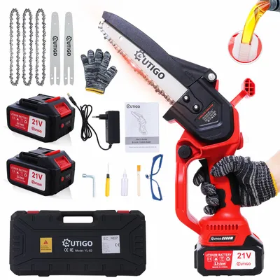 A collection of items for a cordless chainsaw kit, including the chainsaw, batteries, charger, chains, guide bars, gloves, and a carrying case.
