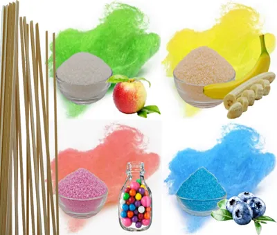Produktbild von Aromazucker + 20 Zuckerwattestäbe für bunte Zuckerwatte 4x100g Set mit Geschmack | Apfel, Banane, Bubble Gum, Heidelbeere | Farbzucker Zucker für Zuckerwatte Zuckerwattemaschine Zuckerwattezucker