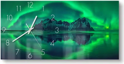 Produktbild von DEQORI Glasuhr 60x30 cm Zahlen 'Vestrahorn im Polarlicht' Wanduhr Glas Uhr Design leise